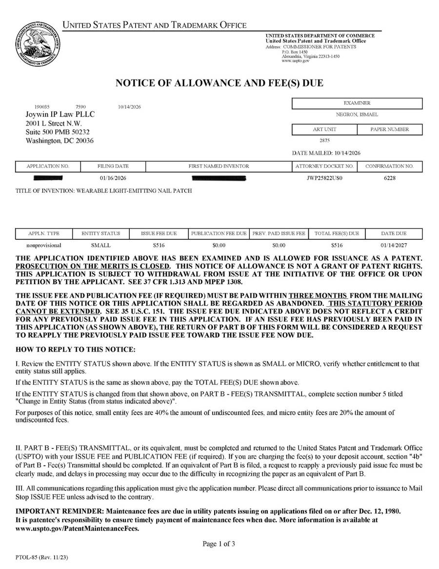 美国专利商标局授权通知书(Notice of Allowance),申请日2026年1月16日,授权通知寄出日2026年10月14日